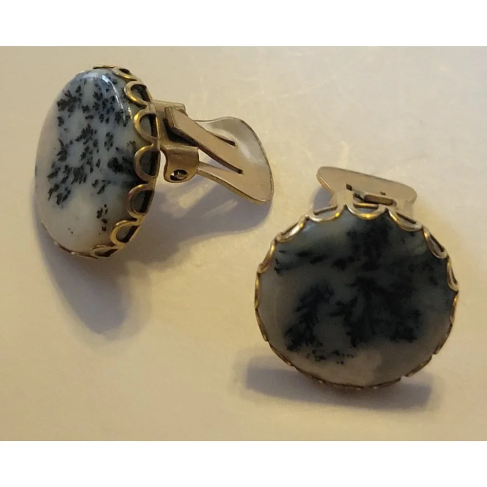 Vintage Estate Cabochon Clip-On Earrings Gold Tone Dendritic Round‎ Jewelry
